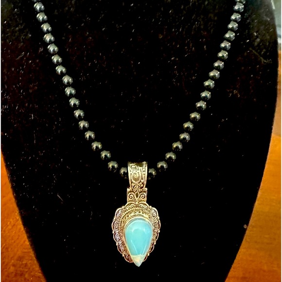 Artisan Jewelry - Blue Milky Opal, Simulated, Silver Plated Pendant, Black Beaded Boho Necklace